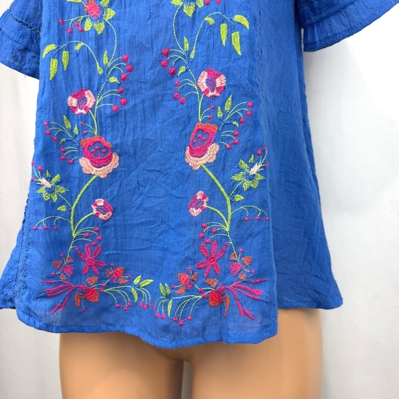 Umgee Women’s Small Gauzy Boho Blue Tunic Top Embroidered Flowers Short Sleeve - Picture 3 of 14
